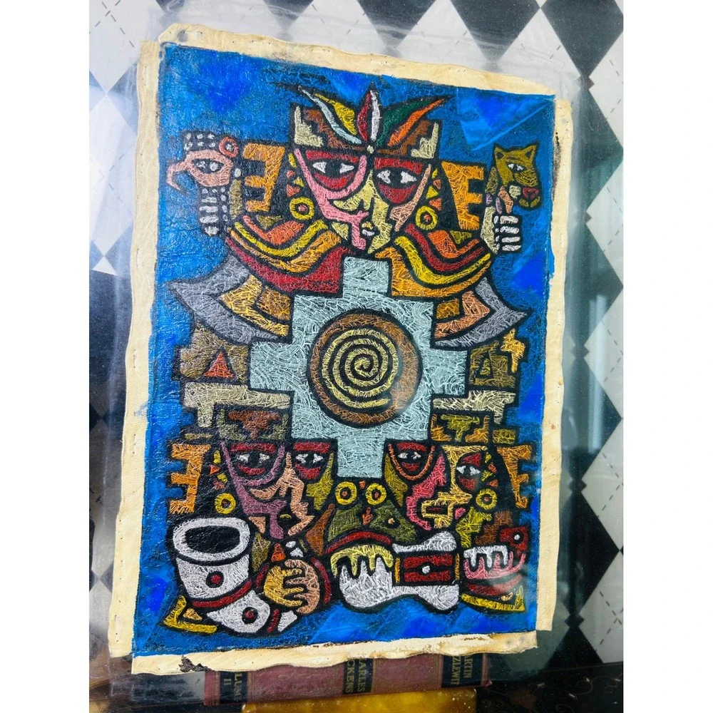 Peruvian Leather Folk Art Framed‎ Paracas Nazca Style Cusco Painting 21x17